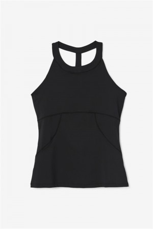 Black Women's Fila Essentials Halter Tanks | Saudi Arabia-642319