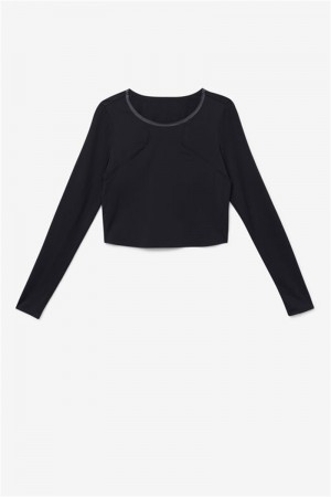 Black Women's Fila Uplift Long Sleeve Crop Tops | Saudi Arabia-159642