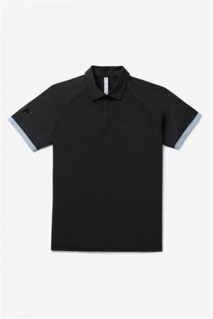 Black / Blue Men's Fila Back Spin Short Sleeve Stretch Polo Shirts | Saudi Arabia-837129