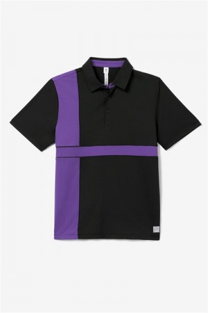 Black / Royal Purple Men's Fila Back Spin Short Sleeve Polo Shirts | Saudi Arabia-392075