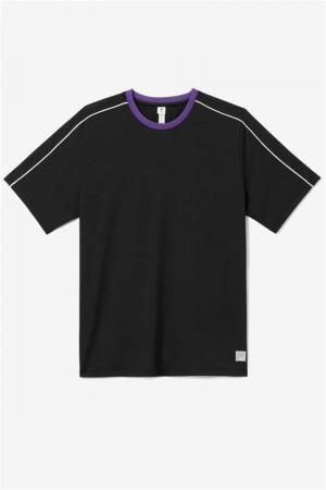 Black / White / Royal Purple Men's Fila Back Spin Short Sleeve Crew Shirts | Saudi Arabia-850129