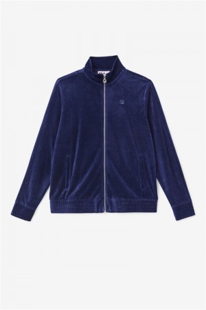Navy Men's Fila Deverall Velour Jackets | Saudi Arabia-731658