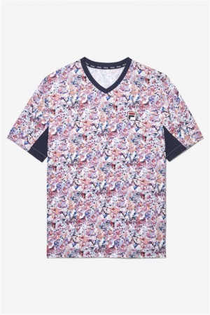 Navy Men's Fila Solar Power Short Sleeve Printed V-Neck Shirts | Saudi Arabia-876513
