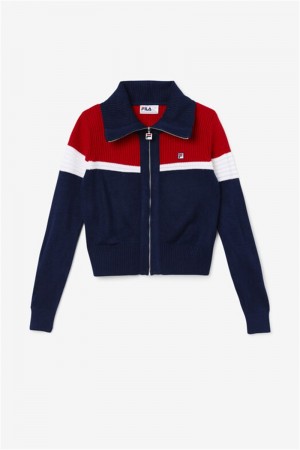 Navy / Red / White Women's Fila Jill Cardigan Sweatshirts | Saudi Arabia-750482
