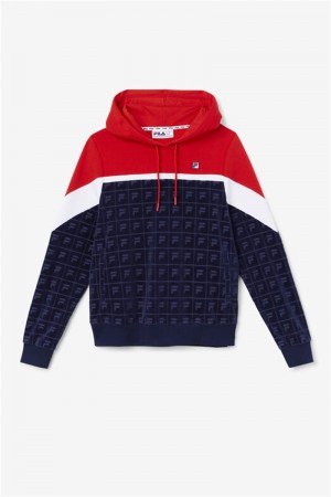 Navy / Red / White Women's Fila Lorri Velour Hoodie | Saudi Arabia-528361