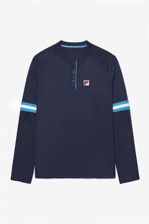 Navy / White Men's Fila Tie Breaker Long Sleeve Henley Shirts | Saudi Arabia-759463