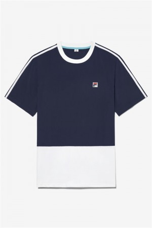 Navy / White / Blue Men's Fila Groundbreaker Color Blocked Crew Shirts | Saudi Arabia-104968
