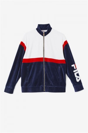 Navy / White / Red Men's Fila Mansur Velour Jackets | Saudi Arabia-761928