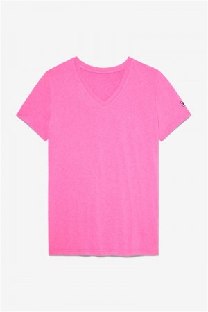 Pink Women's Fila Short Sleeve V-Neck Tops | Saudi Arabia-360789