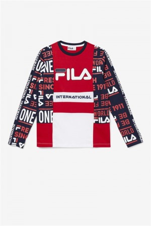 Red / Navy / White Men's Fila Avide Long Sleeve Tee | Saudi Arabia-612739