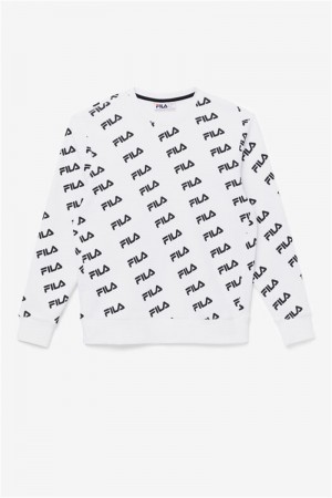 White / Black Men's Fila Diagonal Logo Crew Tops | Saudi Arabia-350469