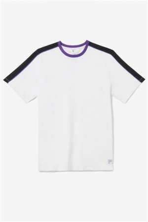 White / Black / Royal Purple Men's Fila Back Spin Short Sleeve Crew Shirts | Saudi Arabia-914735