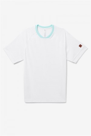 White / Blue / Blue Men's Fila Cross Court Short Sleeve Crew Shirts | Saudi Arabia-614957