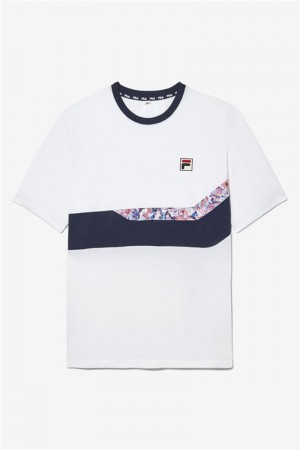 White / Navy Men's Fila Solar Power Short Sleeve Speed Crew Shirts | Saudi Arabia-326941