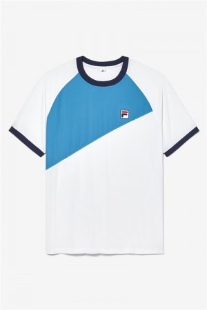 White / Navy Men's Fila Tie Breaker Short Sleeve Color Block Crew Shirts | Saudi Arabia-891753
