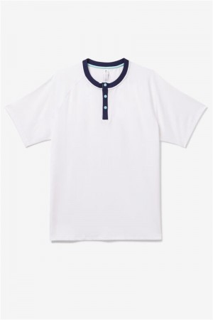 White / Navy / Blue Men's Fila Cross Court Short Sleeve Henley Shirts | Saudi Arabia-074316