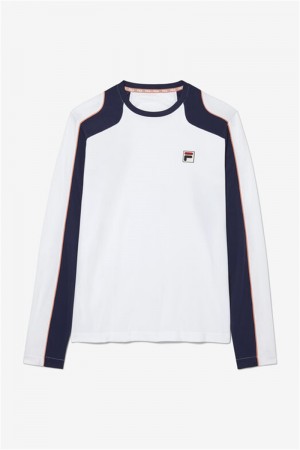 White / Navy / Blue Men's Fila Solar Power Long Sleeve Crew Shirts | Saudi Arabia-203641
