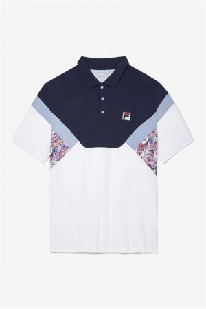 White / Navy / Blue Men's Fila Solar Power Short Sleeve Color Blocked Polo Shirts | Saudi Arabia-927360