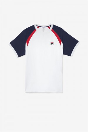 White / Navy / Red Men's Fila Essentials H Short Sleeve Crew Tops | Saudi Arabia-093716
