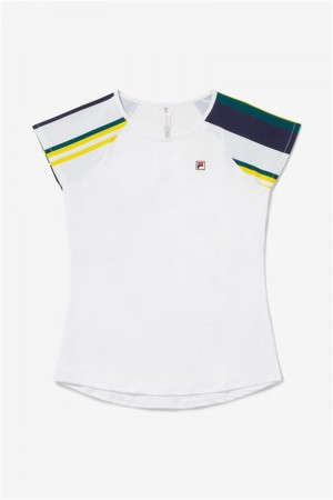 White / Turquoise Stripes Women's Fila Heritage Short Sleeve Tops | Saudi Arabia-362510