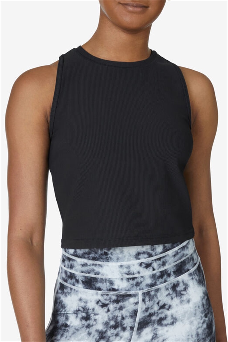 Black Women's Fila Fi-Lux Ribbed Crop Tops | Saudi Arabia-975860