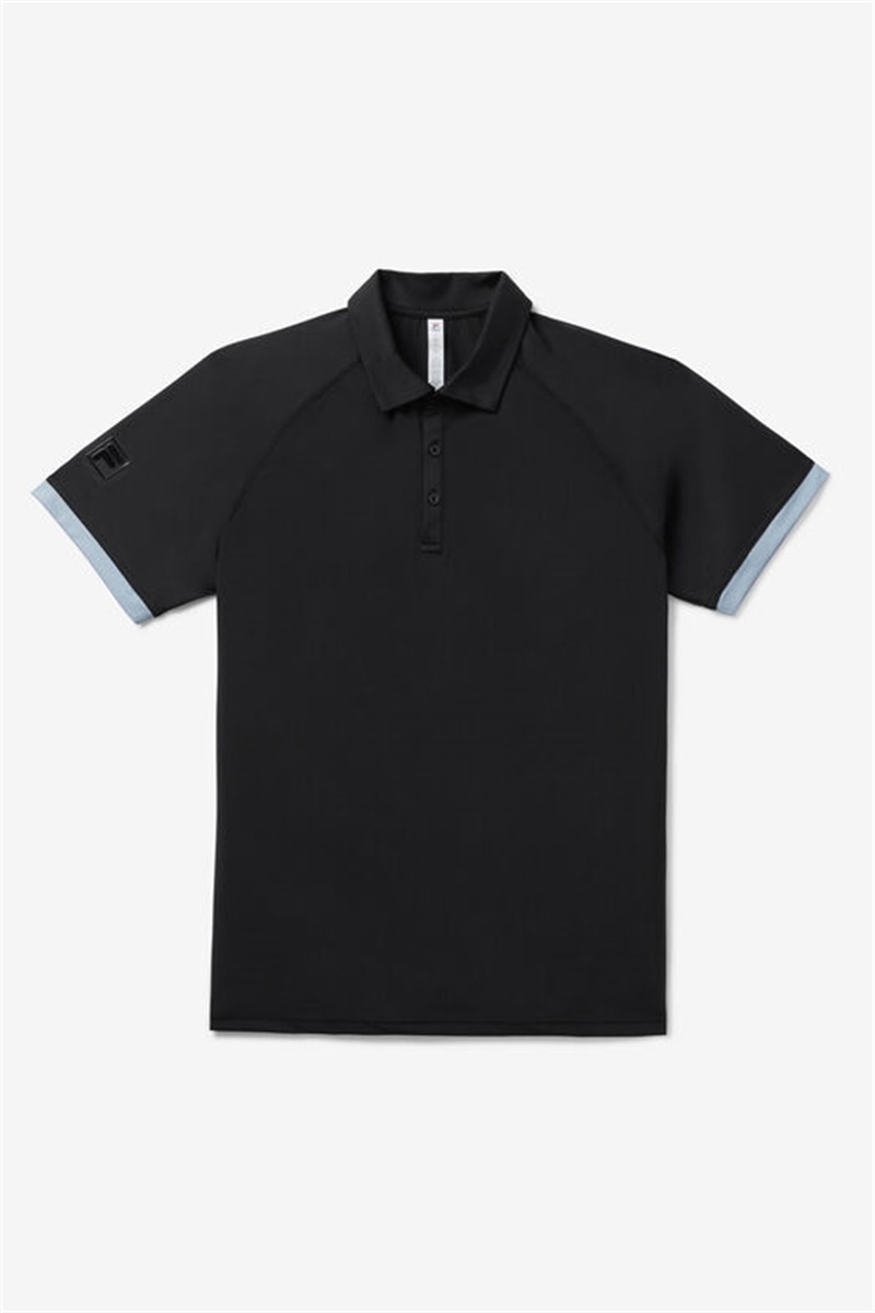 Black / Blue Men\'s Fila Back Spin Short Sleeve Stretch Polo Shirts | Saudi Arabia-837129