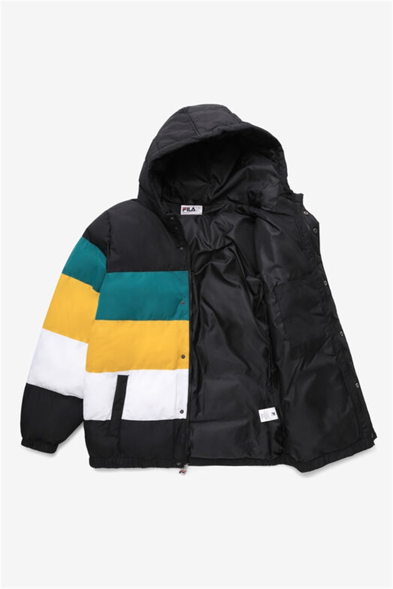 Black / Blue / Gold Men's Fila Giovanni Puffa Jackets | Saudi Arabia-879503