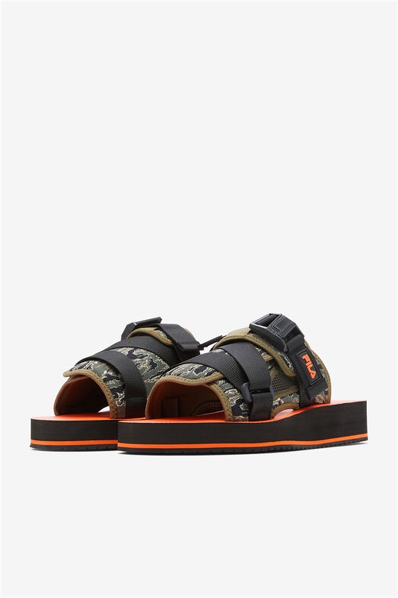Black / Olive Men's Fila Sol-Slide V2 Camo Slides | Saudi Arabia-459630