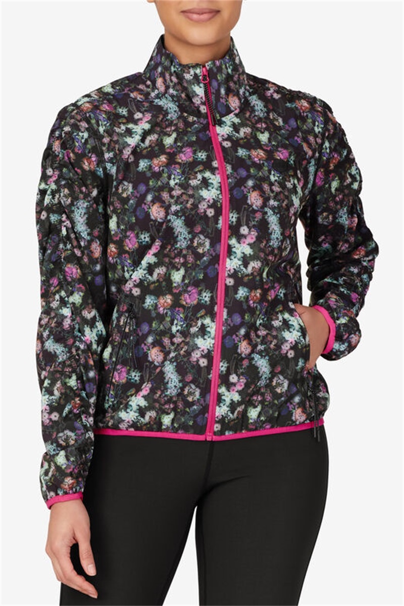Black / Pink Peacock Women's Fila Kick Serve Printed Jackets | Saudi Arabia-268753