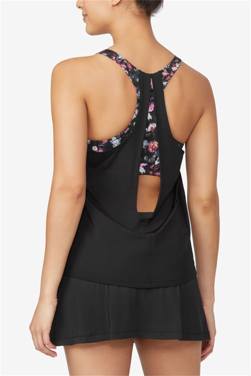 Black / Purple Women's Fila Kick Serve Double Layer Racerback Tanks | Saudi Arabia-203816