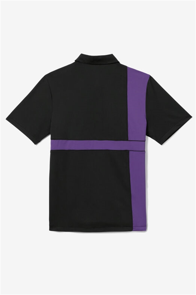 Black / Royal Purple Men's Fila Back Spin Short Sleeve Polo Shirts | Saudi Arabia-392075