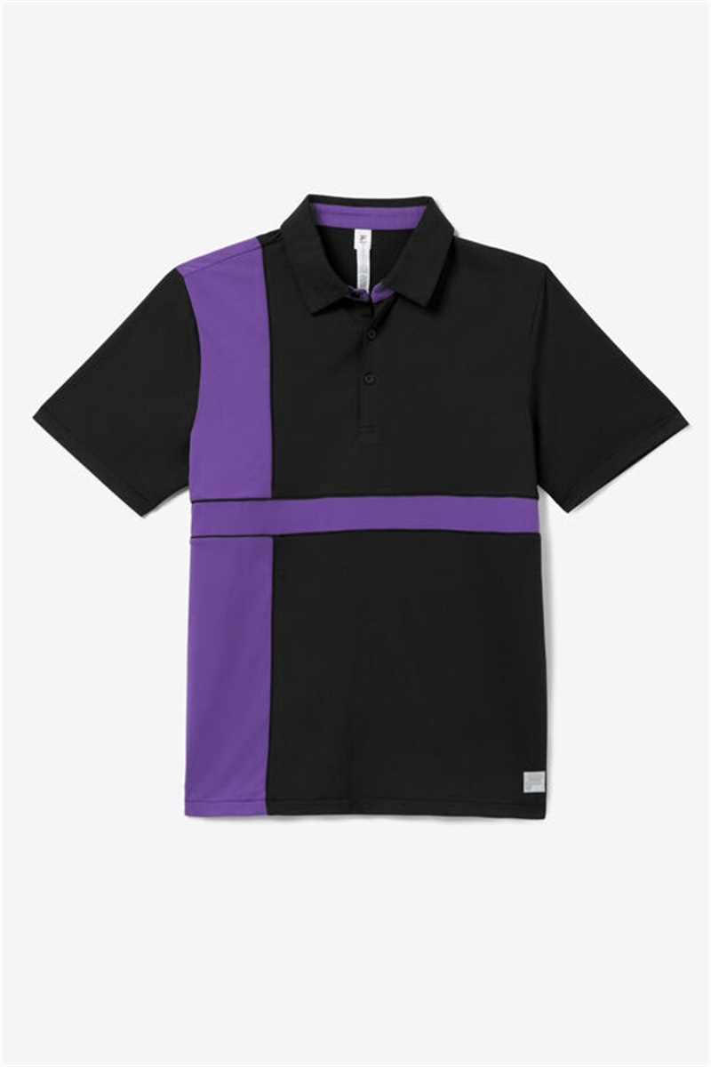 Black / Royal Purple Men\'s Fila Back Spin Short Sleeve Polo Shirts | Saudi Arabia-392075
