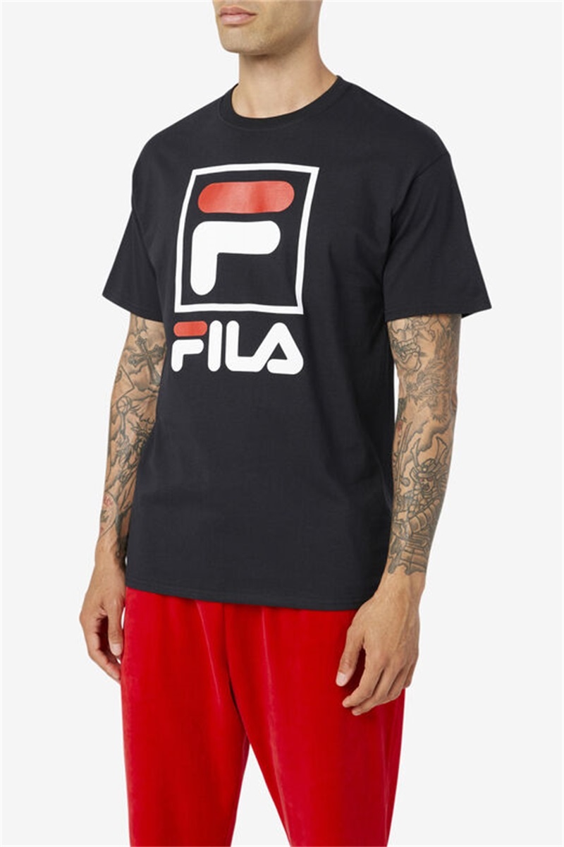 Black / White / Red Men's Fila Stacked Tee Shirt | Saudi Arabia-286409