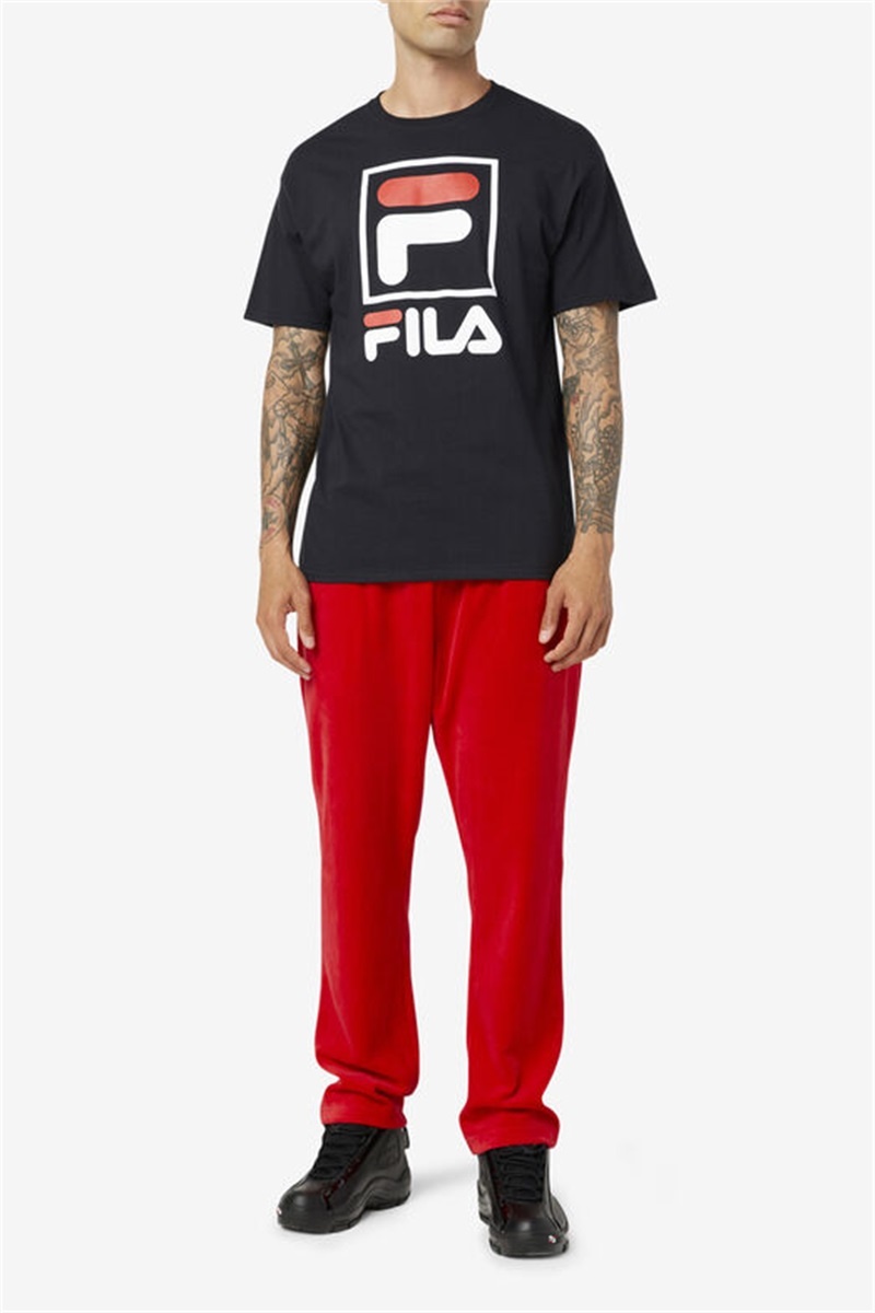 Black / White / Red Men's Fila Stacked Tee Shirt | Saudi Arabia-286409