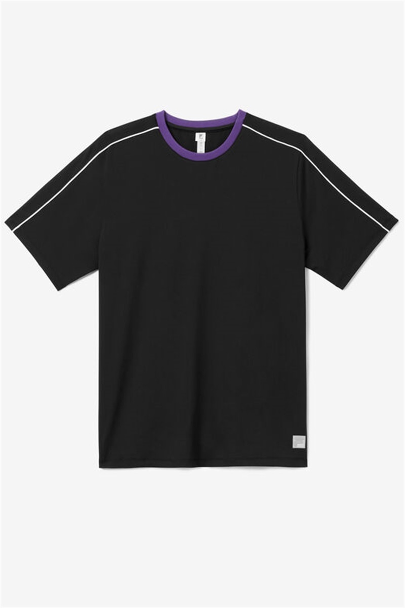 Black / White / Royal Purple Men\'s Fila Back Spin Short Sleeve Crew Shirts | Saudi Arabia-850129
