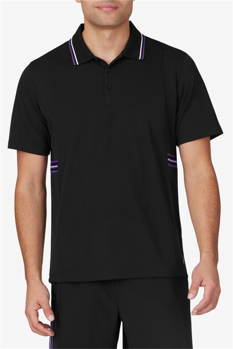 Black / White / Royal Purple Men's Fila Back Spin Short Sleeve Signature Polo Shirts | Saudi Arabia-748506