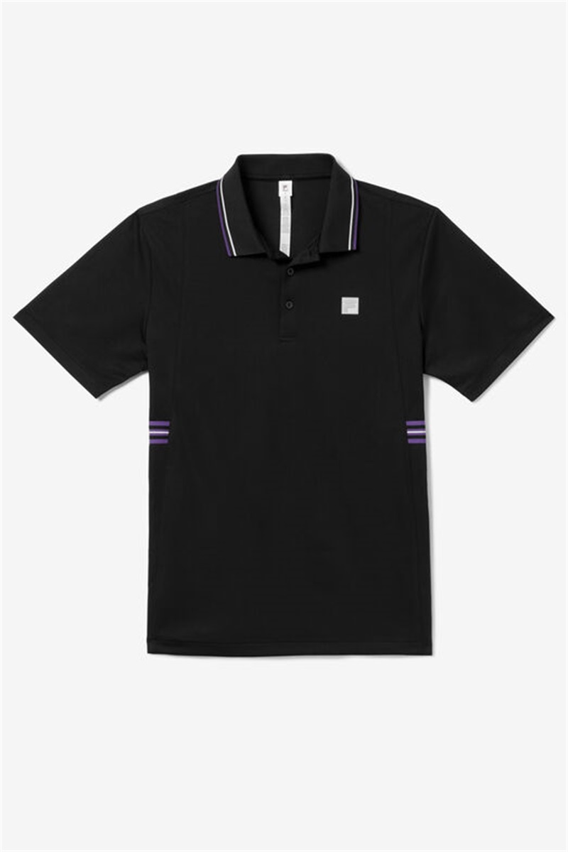Black / White / Royal Purple Men\'s Fila Back Spin Short Sleeve Signature Polo Shirts | Saudi Arabia-748506