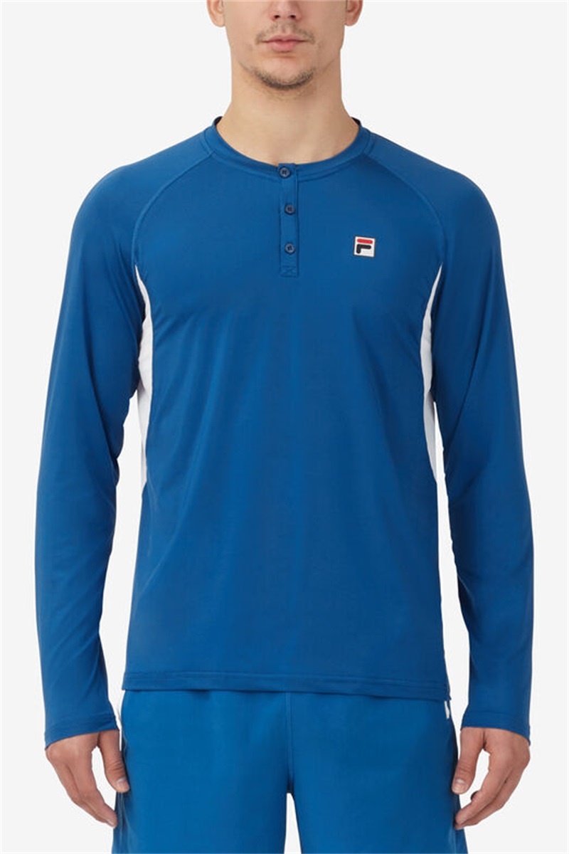 Blue / White Men's Fila Center Court Long Sleeve Henley Tee | Saudi Arabia-028936