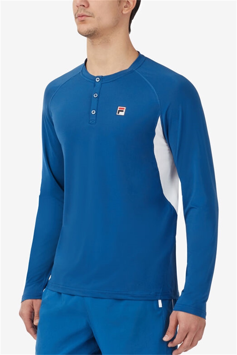 Blue / White Men's Fila Center Court Long Sleeve Henley Tee | Saudi Arabia-028936