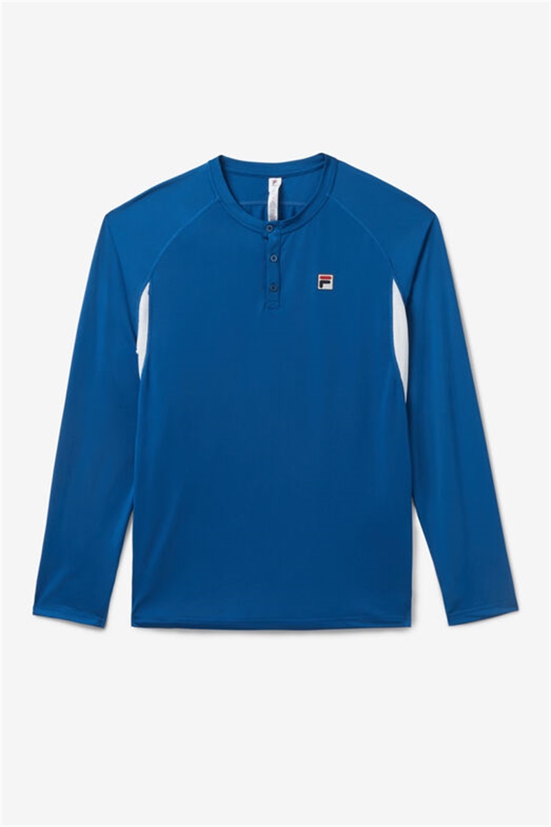 Blue / White Men\'s Fila Center Court Long Sleeve Henley Tee | Saudi Arabia-028936