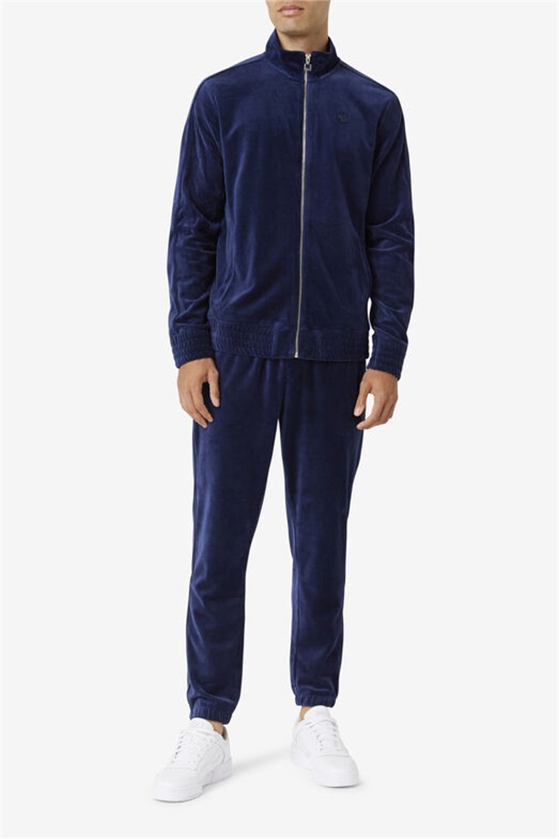 Navy Men's Fila Deverall Velour Jackets | Saudi Arabia-731658