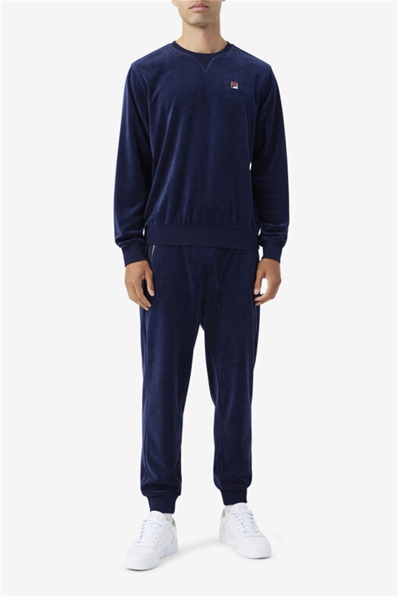 Navy Men's Fila Earl Velour Crew Tops | Saudi Arabia-129034