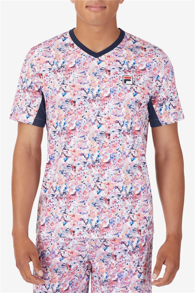 Navy Men's Fila Solar Power Short Sleeve Printed V-Neck Shirts | Saudi Arabia-876513