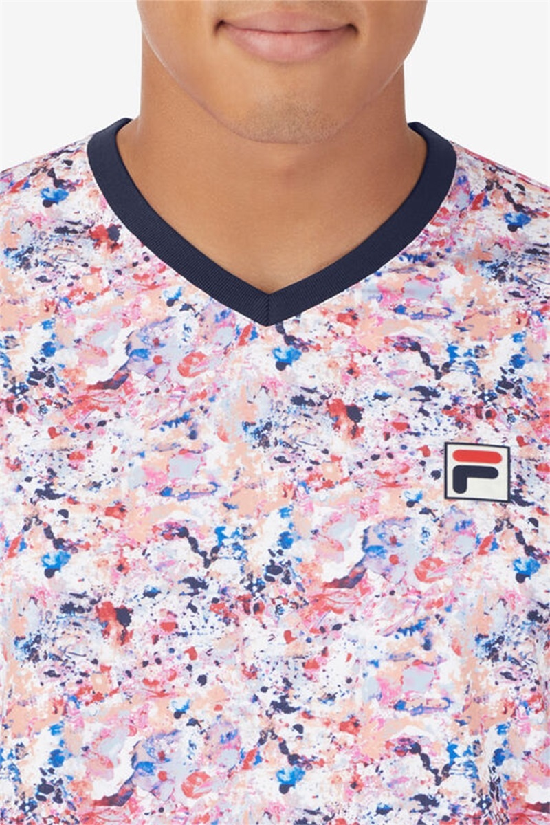 Navy Men's Fila Solar Power Short Sleeve Printed V-Neck Shirts | Saudi Arabia-876513