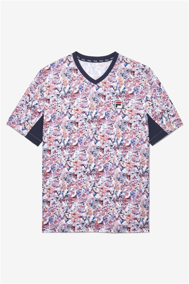 Navy Men\'s Fila Solar Power Short Sleeve Printed V-Neck Shirts | Saudi Arabia-876513