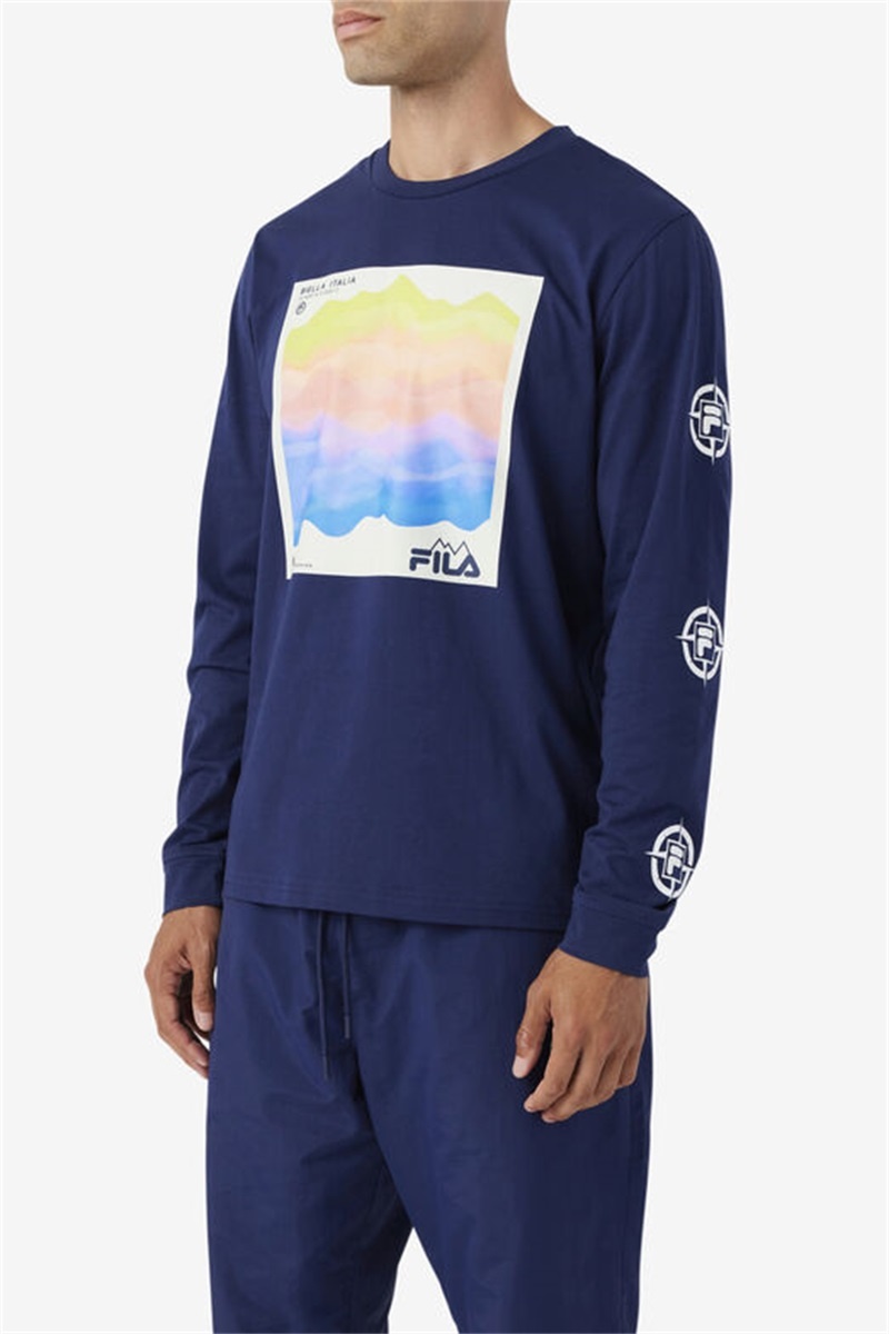 Navy / Light Turquoise Men's Fila Kare Long Sleeve Tee | Saudi Arabia-683294