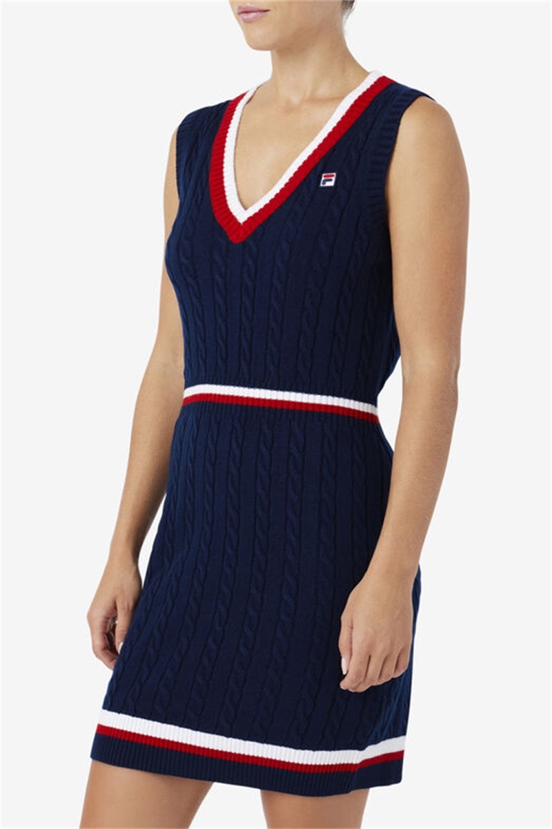 Navy / Red / White Women's Fila Darian Sweater Knit Dress | Saudi Arabia-560387