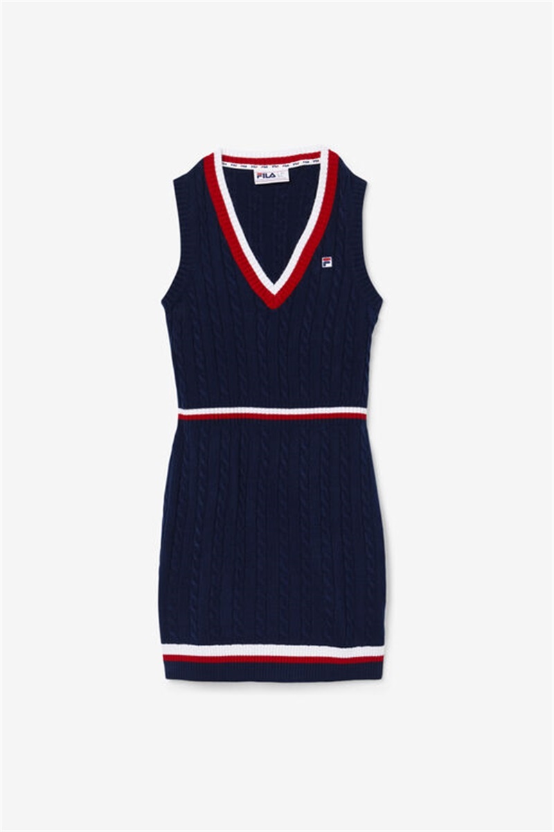 Navy / Red / White Women\'s Fila Darian Sweater Knit Dress | Saudi Arabia-560387