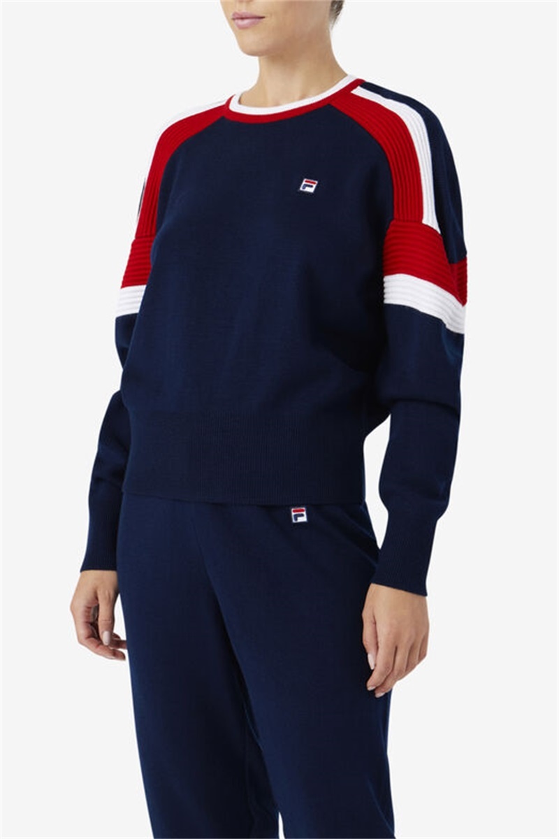 Navy / Red / White Women's Fila Frankie Knit Crew Tops | Saudi Arabia-207643