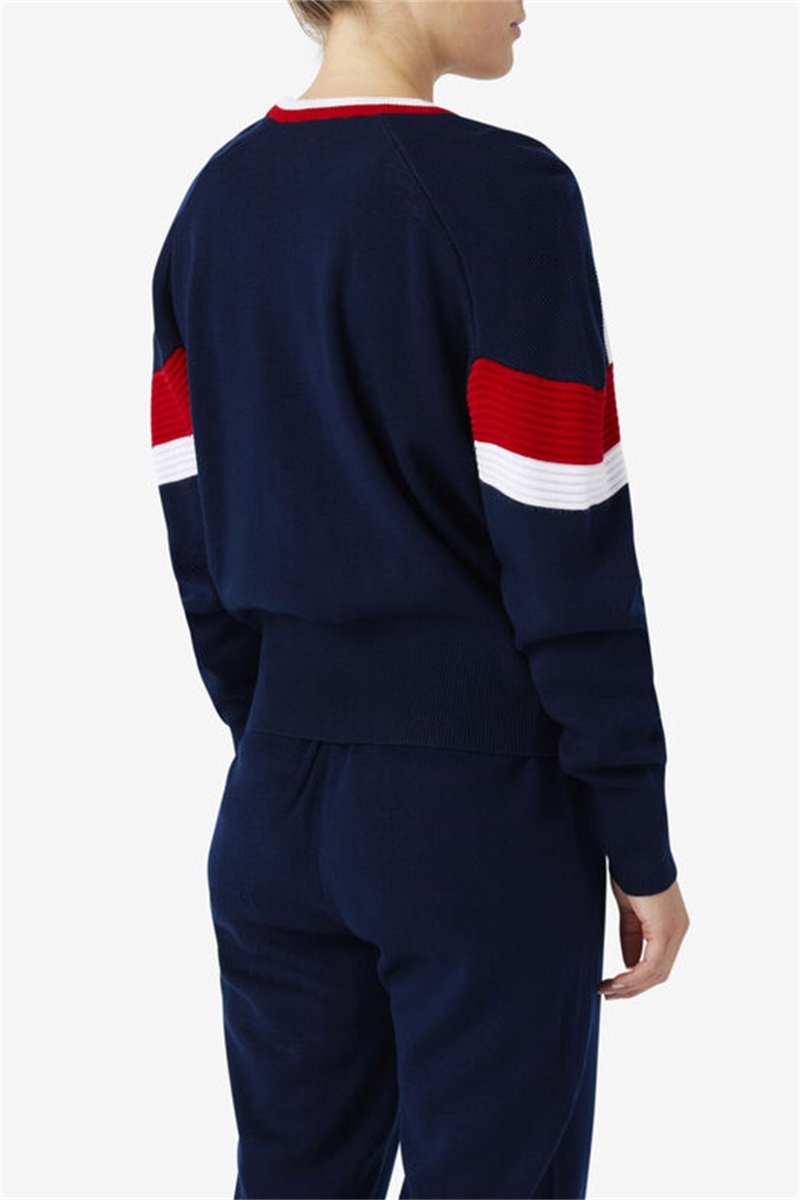 Navy / Red / White Women's Fila Frankie Knit Crew Tops | Saudi Arabia-207643